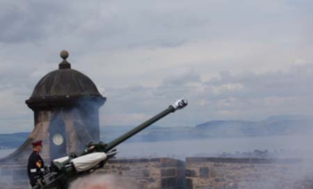 The One Oclock Gun, just after being fired at Edinburgh Castle