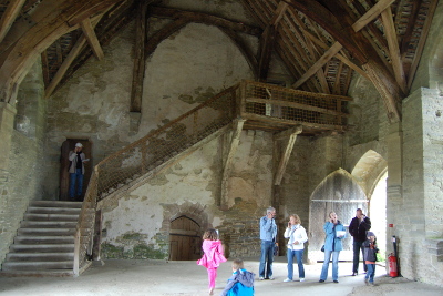 Stokesay Castle - great hall, wooden roof and staircase
