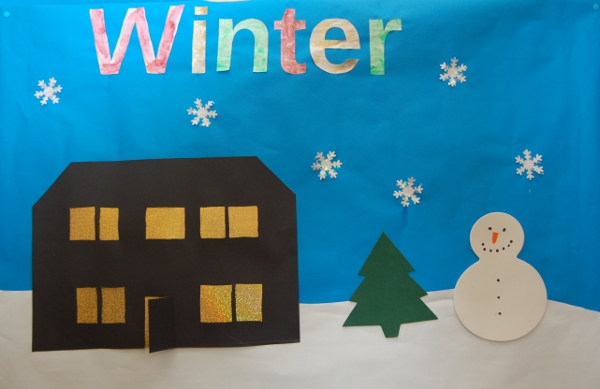 Winter craft picture 2010 - silhouette house, snowman, Christmas tree